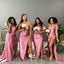 Pink Mismatched Strapless Sweetheart Soft Satin Slits Long Mermaid Bridesmaid Dresses, WGM110