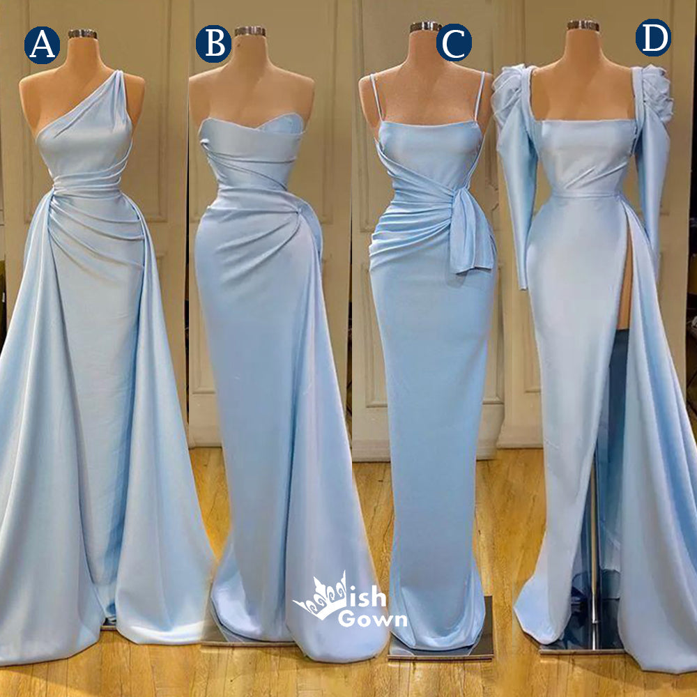 Light Blue Sheath Mermaid Long Satin Mixed Styles Sweep Train Prom Gowns Bridesmaid Dresses, WGM115