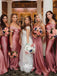 Mismatched Blush Pink Pleats Slits Mermaid Soft Satin Long Bridesmaid Dresses, WGM118