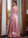 Pink A-Line V-neck Floor Length Prom Dresses With Beading Split Front, WGP008