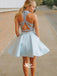 Dusty Blue Two Piece Satin Halter Open Back Short Prom Party Homecoming Dress, WGP017