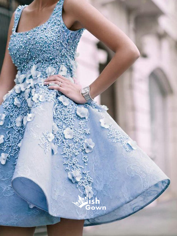 Charming Sky Blue Beaded Appliques A-line Satin Short Homecoming Prom Dress, WGP018