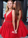 Red Sexy A-line V-back Lace Tulle Short Homecoming Prom Dresses, WGP025