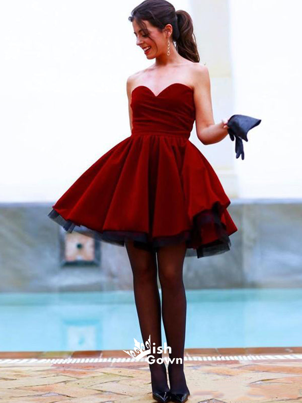 Simple Red Velvet Strapless Sweetheart Junior Short Graduation Homecoming Dresses, WGP039