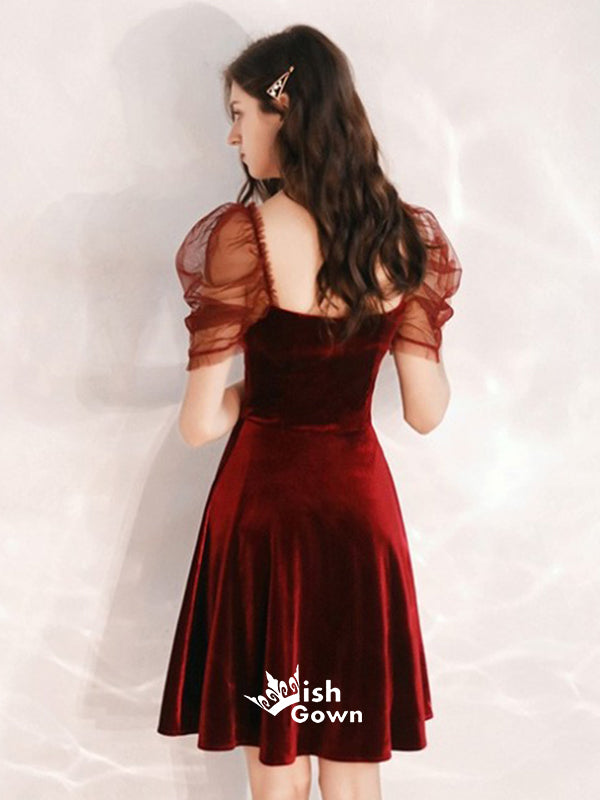 Puff Sleeves Sweetheart Red Velvet Knee-length Freshman Graduation Homecoming Dress, WGP040