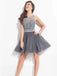 Light Gray Halter Rhinestone Sparkly Open Back Tulle Short Freshman Homecoming Prom Gowns Dress, WGP062