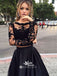 Popular Two Pieces Long Sleeves Black Lace Satin Long Prom Dresses, WGP063
