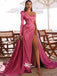 Peach Pink Split Side Satin One Shoulder Long Sleeve A-line Long Prom Dresses, SG105