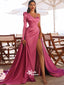 Peach Pink Split Side Satin One Shoulder Long Sleeve A-line Long Prom Dresses, SG105