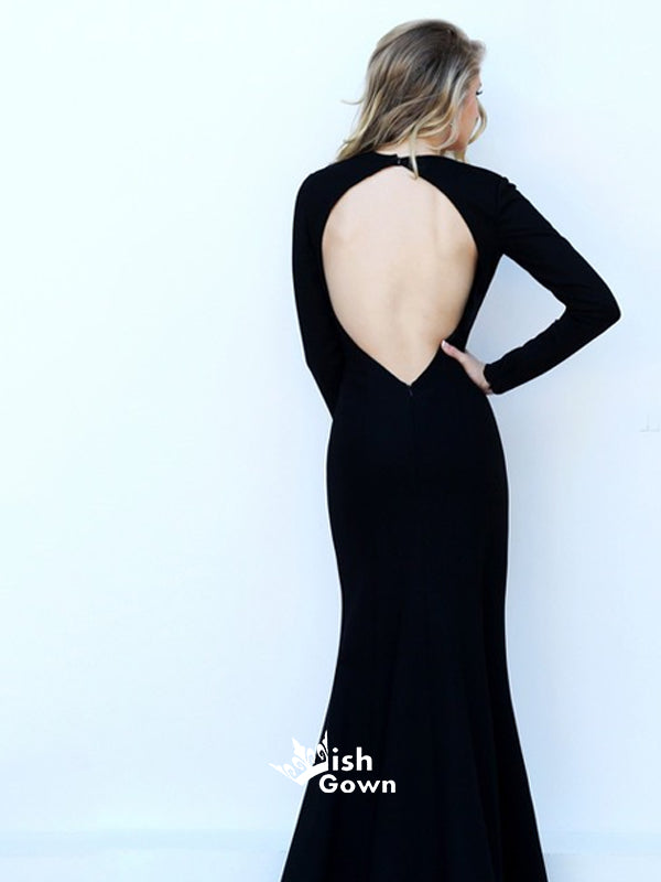 Simple Black Open Back V-neck Long Sleeves Side Split Evening Prom Dresses, WGP069