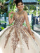 Rose Gold Lace Ball Gown Sweetheart Applique Tulle A-line Wedding Dress Long Prom Dresses, WGP072