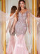 Mermaid Off Shoulder Sexy Pink Organza Sparkly Sequins Evening Long Prom Dress, WGP074