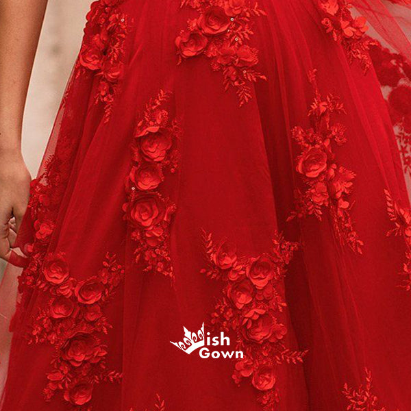 Red Appliques Tulle Spaghetti Strap See Through Evening Party Long Prom Dresses, WGP076