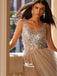 Silver Sparkly Sequins Top Light Grey Tulle V Neck Backless Charming Long Prom Dresses, WGP077
