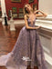 Dusty Purple Lace Appliques Deep V-neck A-line Organza Long Evening Prom Dress, WGP093