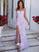 Light Pink Lace Spaghetti Strap Sweetheart Elegant Side Split Floor Length Prom Dresses, WGP094