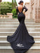 Black Satin Low Back  Gold Appliques V-neck Mermaid Evening Long Prom Dress With Trailing, WGP099