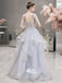 Pale Blue A-line Organza Beads Lace V-back See Through Top Long Evening Prom Dress, WGP102