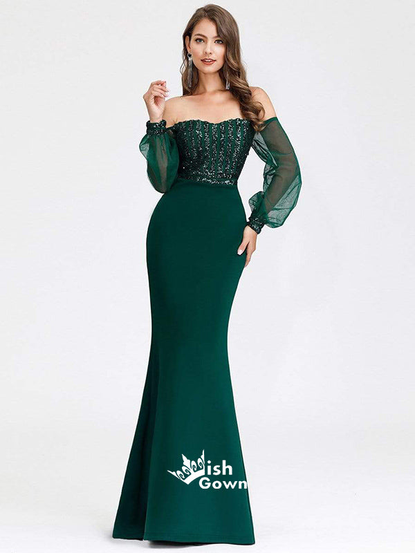 Teal Green Off Shoulder Sequin Top Satin Mermaid Evening Gowns Long Prom Dress With Tulle Sleeve, WGP103