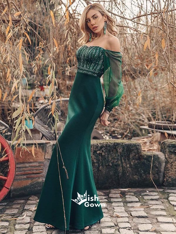Teal Green Off Shoulder Sequin Top Satin Mermaid Evening Gowns Long Prom Dress With Tulle Sleeve, WGP103