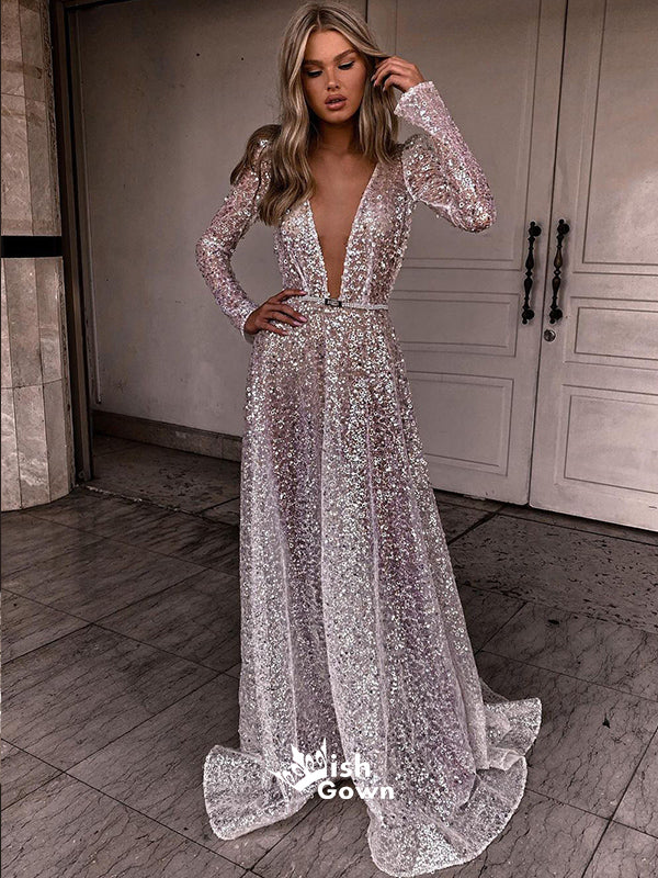 Gorgeous Sequin Long Sleeves Deep V-neck A-line Sexy Long Prom Dresses, WGP109