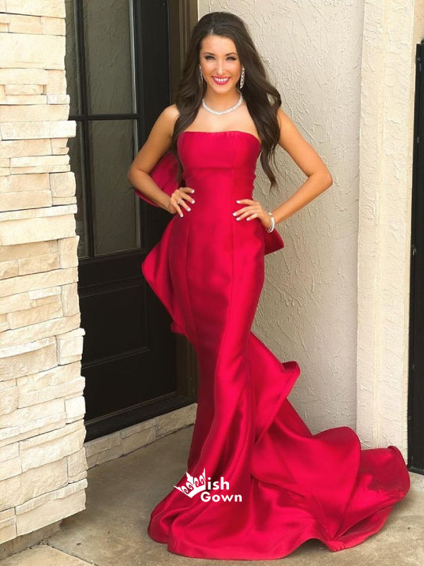 Red Satin Bow-knot Strapless Mermaid Long Prom Dresses , WGP117