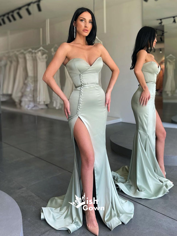 Sage Green Strapless Button Side Split Mermaid Long Evening Gowns Prom Dresses , WGP126
