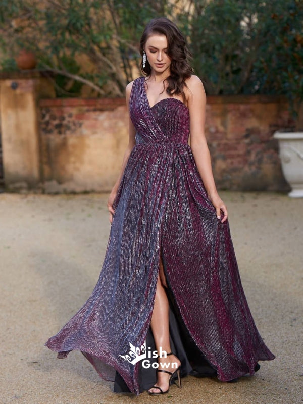 Purple One Shoulder Sweetheart A-line Slits Evening Gowns Prom Dresses , WGP145