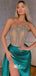 Gorgeous Rhinestone Strapless Green Satin Slits A-line Evening Gowns Prom Dresses, WGP174