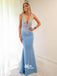 Blue Soft Satin Deep V-neck Appliques Mermaid Evening Gowns Prom Dresses, WGP183