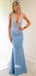 Blue Soft Satin Deep V-neck Appliques Mermaid Evening Gowns Prom Dresses, WGP183