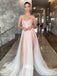Ivory Strapless Appliques Double High Slits A-line Tulle Evening Gowns Prom Dresses, WGP184