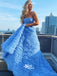 Blue Strapless Ruffled Tulle Layered Popular Long A-line Prom Dresses, WGP191