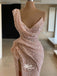 One Shoulder Pleats High Slit Pink Sequin Sparkle Long Mermaid Prom Dresses, WGP193