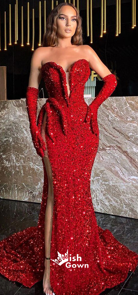 Red Sweetheart Strapless Sparkle Sequins Mermaid Slits Long Prom Dresses, WGP194