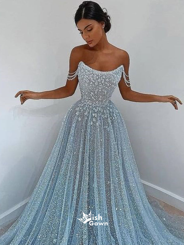 Blue Sky Sparkle Strapless Appliques Sequins A-line Evening Gowns Prom Dresses, WGP203