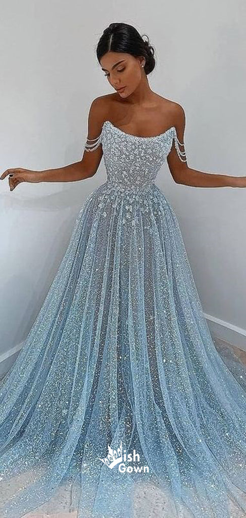 Blue Sky Sparkle Strapless Appliques Sequins A-line Evening Gowns Prom Dresses, WGP203