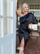 Chic One Shoulder Black Soft Satin Slits Pleats Short Prom Dresses Party Gowns, WGP211