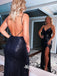 Black Sparkly Sequins Spaghetti Straps Backless Slits V-neck Evening Gowns Prom Dresses, WGP234