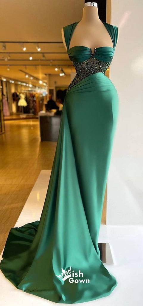Gorgeous Emerald Green Rhinestones Mermaid Pleating Soft Satin Evening Gowns Prom Dresses, WGP237