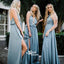 Blue Spaghetti Strap A-line Ruffles High Split Backless Long Bridesmaid Dresses, YPS114
