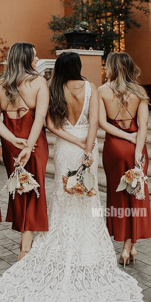 Sexy Dark Red Spaghetti Srap Long Bridesmaid Dresses YPS121