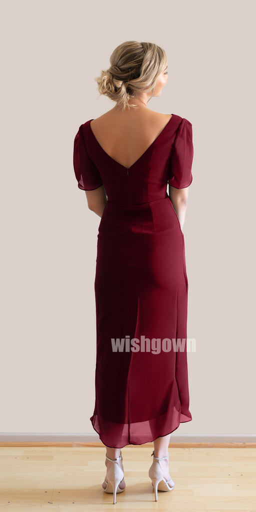 Elegant Simple Red Short Sleeves Long Bridesmaid Dresses, YPS134