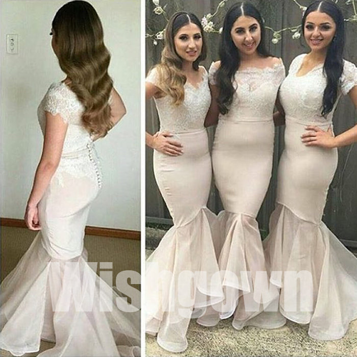 Cap Sleeves Mermaid Sexy Inexpensive Long Wedding Party Bridesmaid Dresses, WG474 - Wish Gown