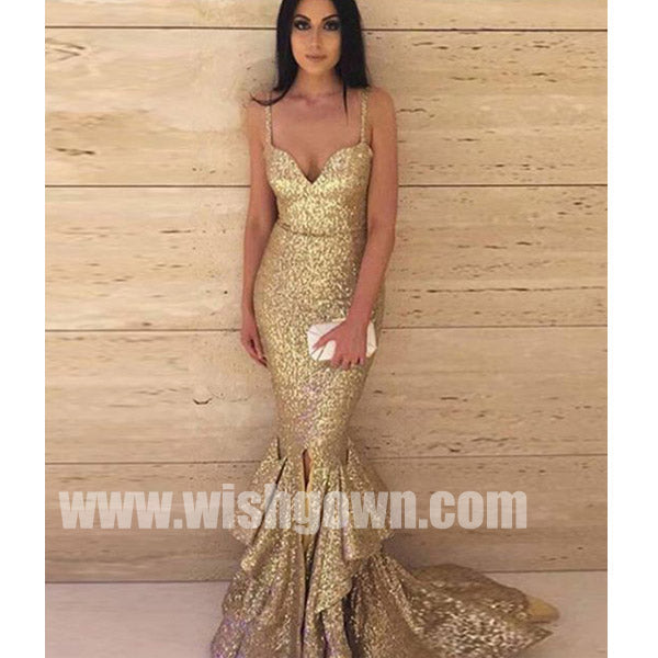 Spaghetti Strap Mermaid Gold Sequin Cheap Sexy Long Bridesmaid Dresses, WG492