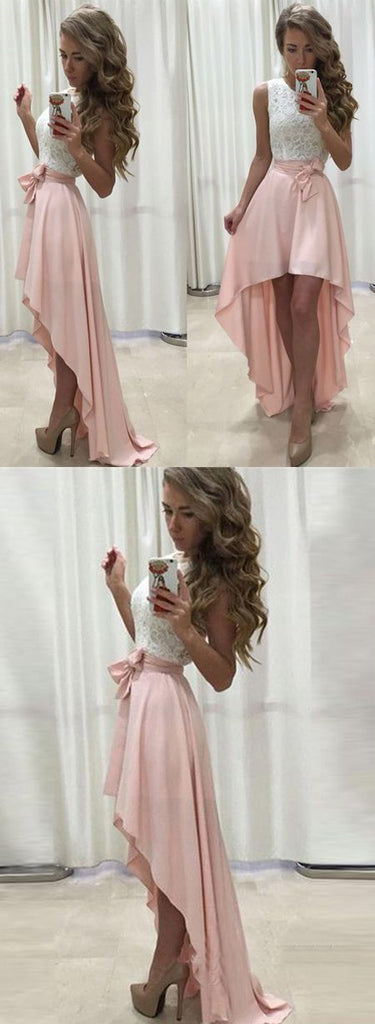 Junior Lace Top Pink High Low Chiffon Cheap Long Prom Bridesmaid Dress, WG37