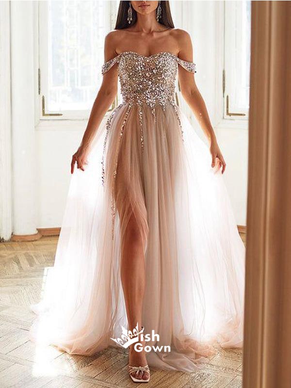 Sexy A-line Off Shoulder High Slit Maxi Long Evening Prom Dresses,WGP269