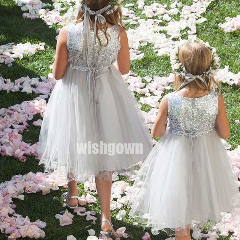 Pretty Grey Sleeveless Sequin Organza Wedding Flower Girl Dresses, FGD019