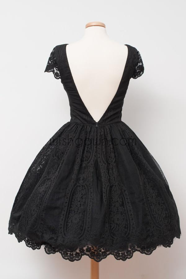 Short Sleeves Little Black Lace Cheap Short Homecoming Dresses, BD00130
