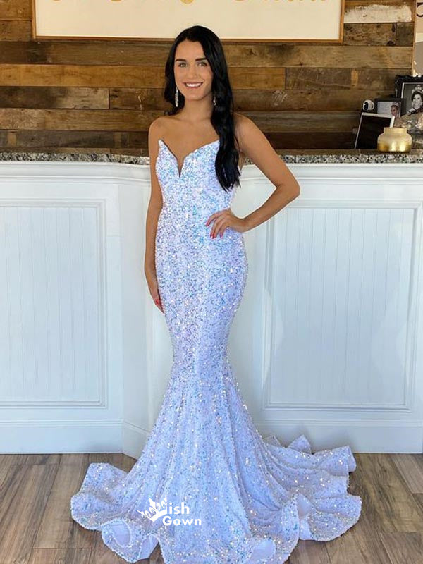 Sparkly Mermaid Sweetheart Strapless Maxi Long Evening Prom Dresses, WGP251